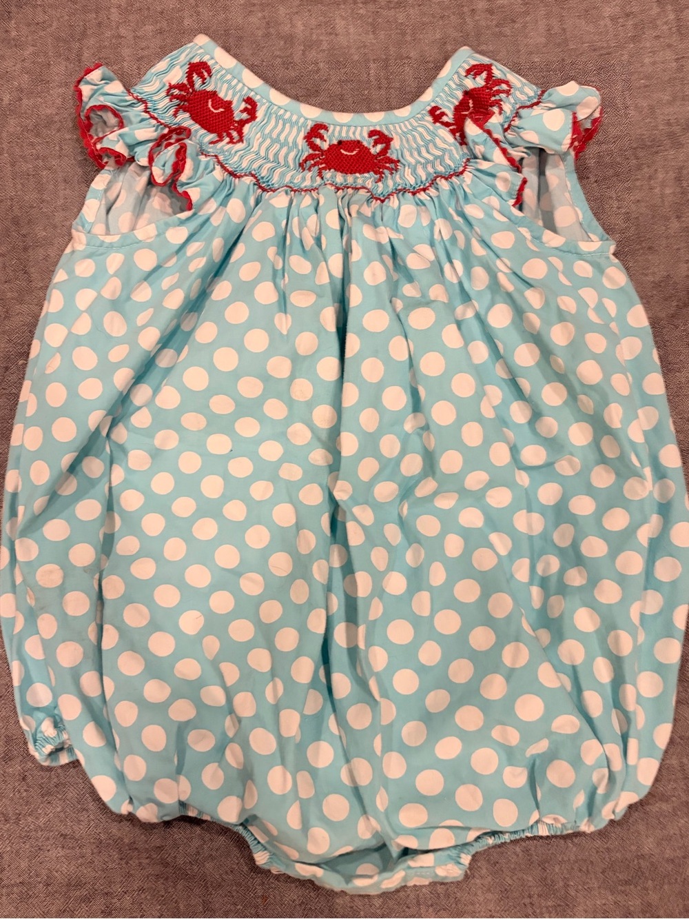 Blue Polka Dot Baby Bubble Romper with Red Crab Smocking